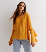 Sunshine Soul Yellow Crochet Trim Flared Sleeve Blouse